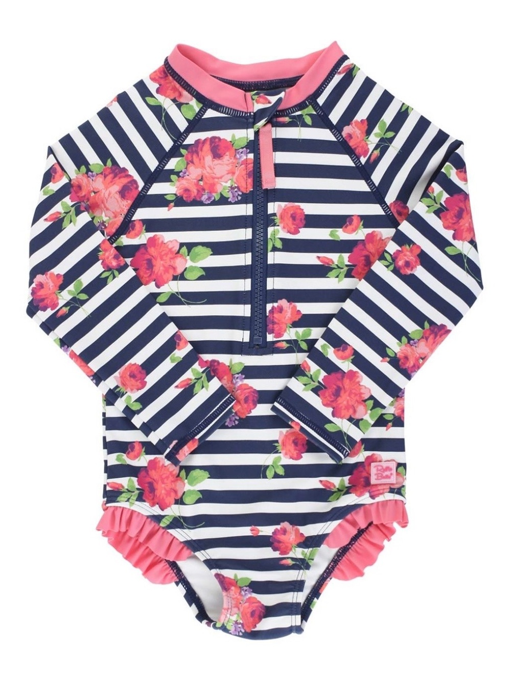 RUFFLE BUTTS Girls Navy Stripe & Pink Floral Long-Sleeve Rash Guard Swimsuit